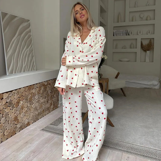Women’s Heart Print Pajama Set – 100% Cotton Long Sleeve Sleepwear