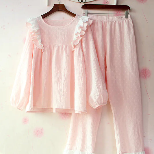 Korean Cotton Pajamas Set with Ruffle Sleeves for Women
