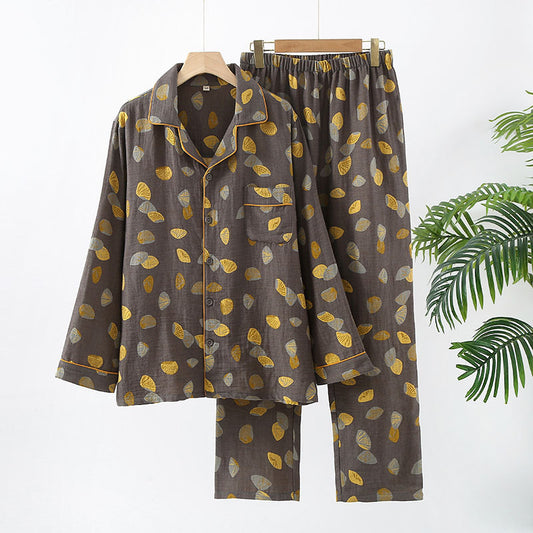 Cotton Gauze Yellow Shell Print Pajama Set For Men