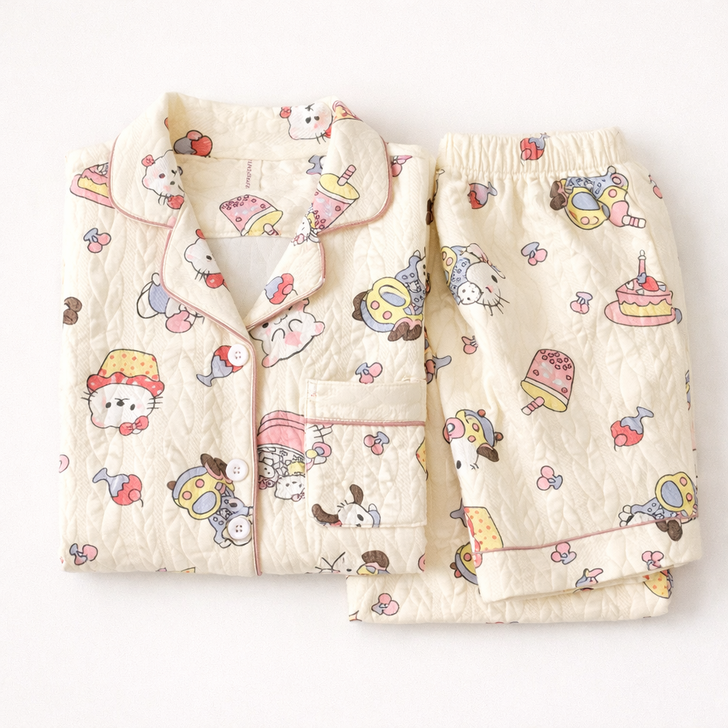 Sweet Quilted Cotton Pajama Set – Autumn & Winter Comfort