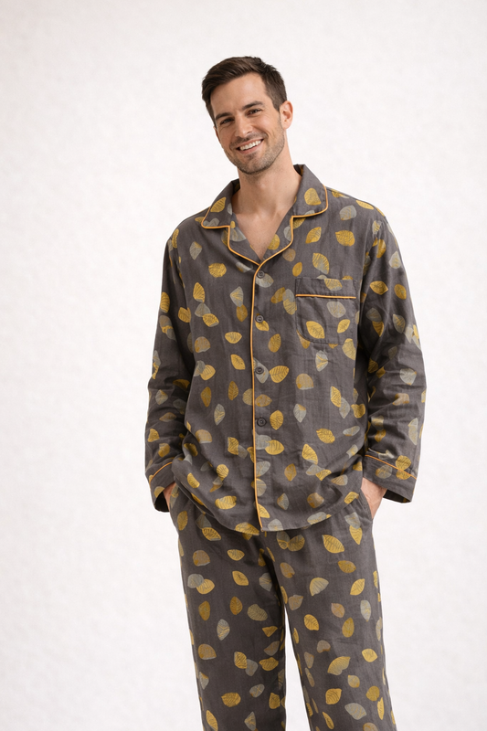 Cotton Gauze Yellow Shell Print Pajama Set For Men