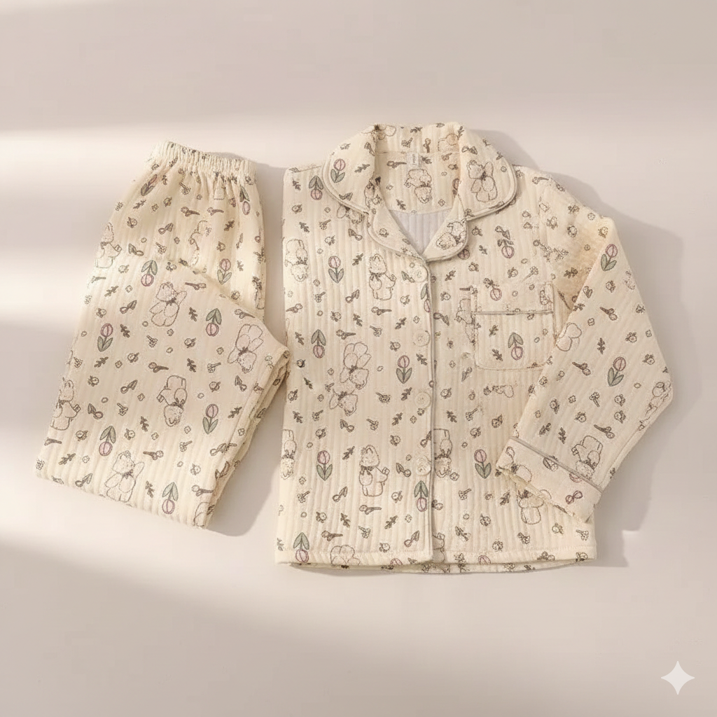 Sweet Quilted Cotton Pajama Set – Autumn & Winter Comfort