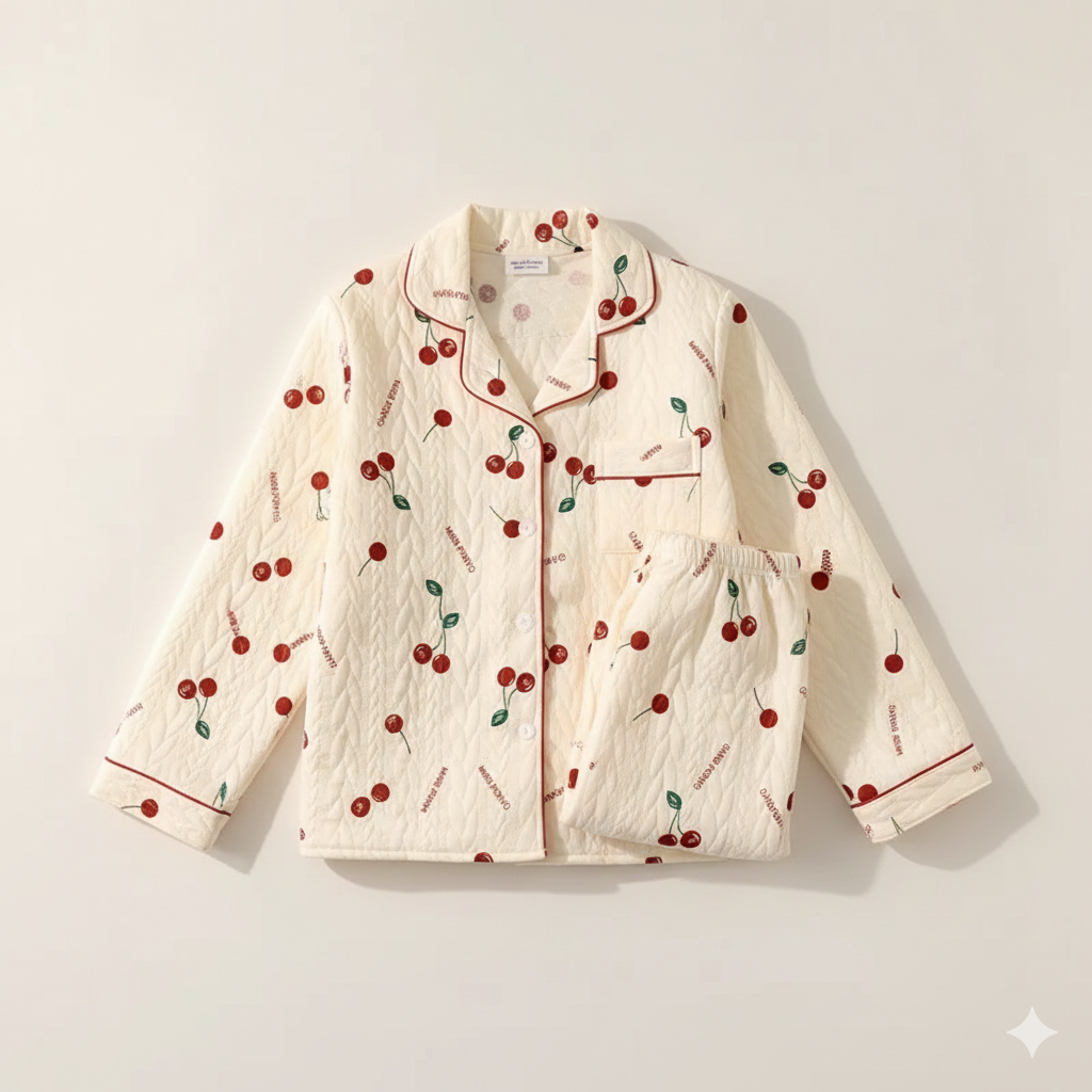 Sweet Quilted Cotton Pajama Set – Autumn & Winter Comfort