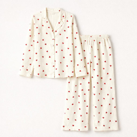 Women’s Heart Print Pajama Set – 100% Cotton Long Sleeve Sleepwear