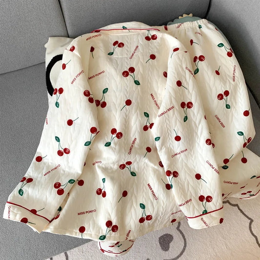 Sweet Quilted Cotton Pajama Set – Autumn & Winter Comfort