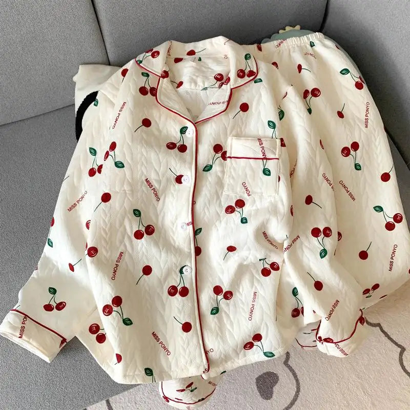 Sweet Quilted Cotton Pajama Set – Autumn & Winter Comfort