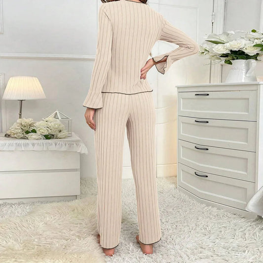 Women’s Ribbed Pajama Set – Long Sleeve Sleepwear with Ankle Pants