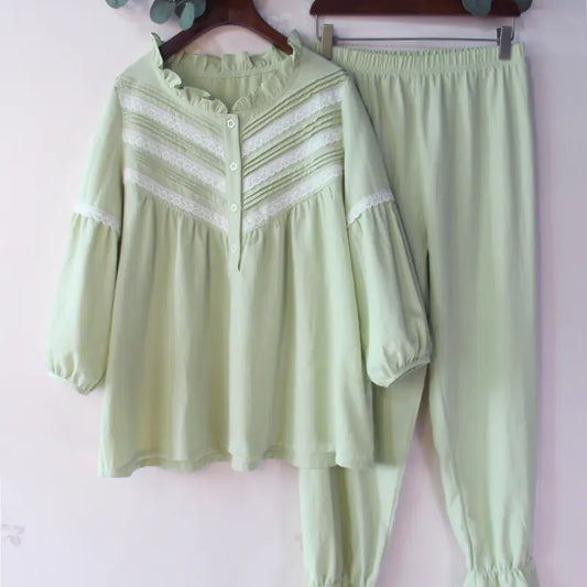 Korean Cotton Pajamas Set with Ruffle Sleeves for Women